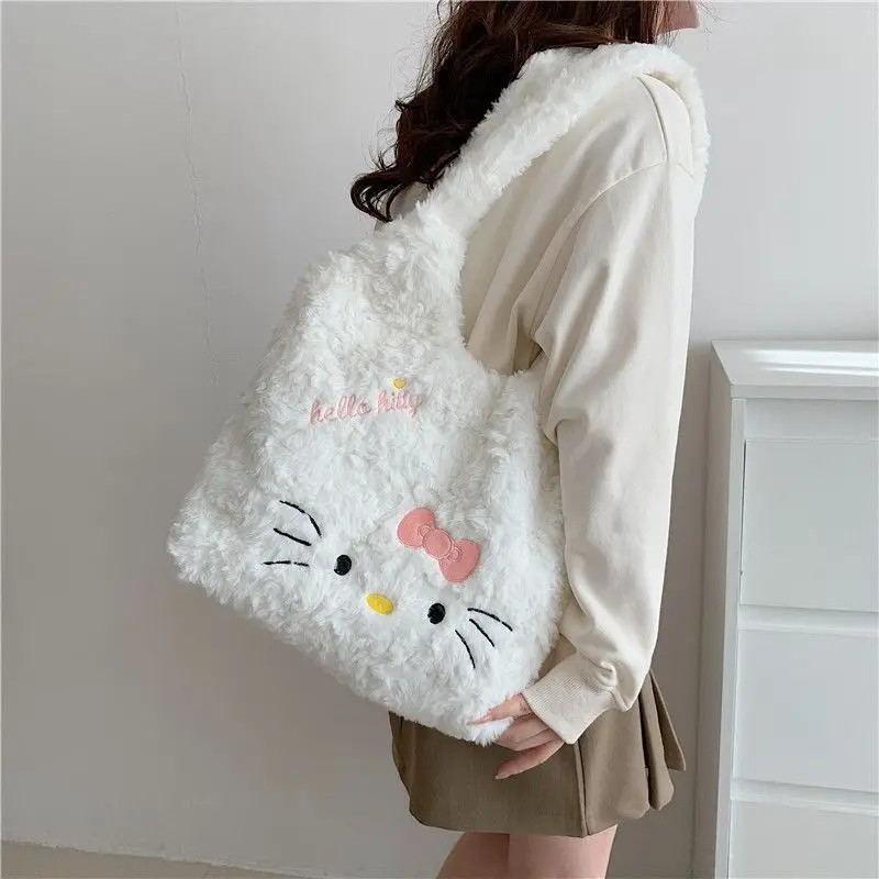 Cute Hello Kitty Large Capacity Plush Fluffy Shoulder Bag for Women, Sweet and Cute Zipper Plush Tote Bag for Commuting