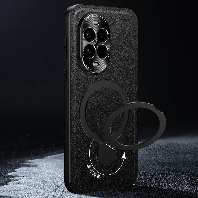 

Leather Phone Case For Huawei nova 11 15 12S 13 14 Pro Cover Metal Holder Lens Protection Soft Cases Magnetic Wireless Charging
