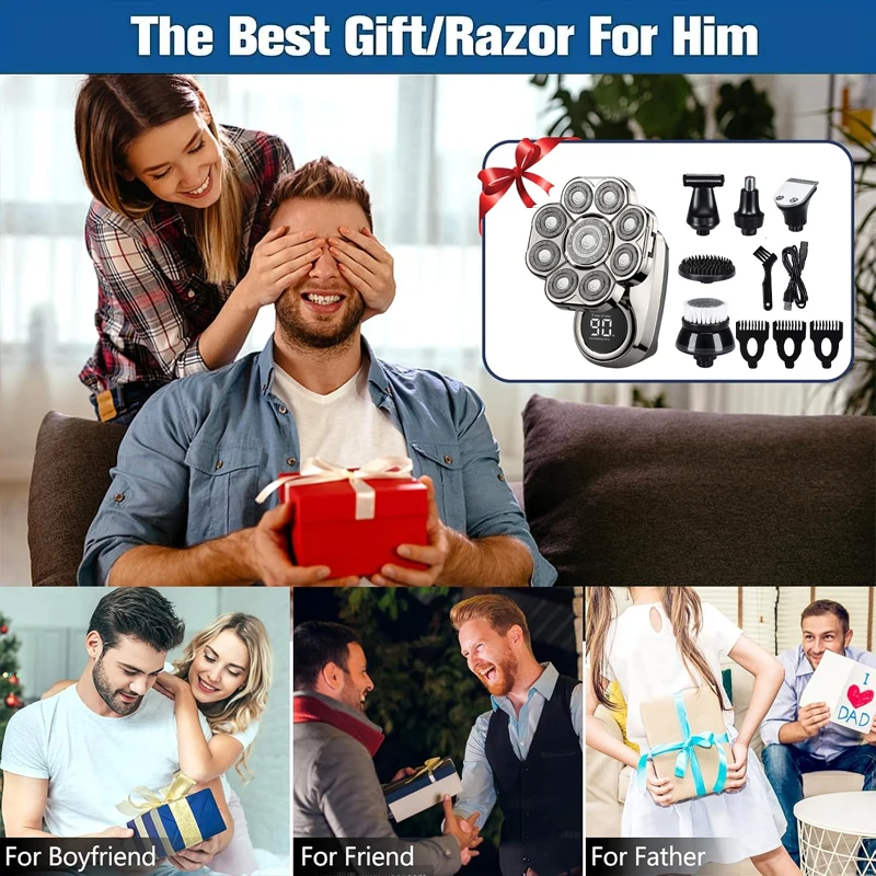 ماكينة حلاقة كهربائية عائمة 9D للرجال برأس أصلع IPX7 ماكينة حلاقة كهربائية مقاومة للماء ماكينة حلاقة رطبة/جافة مع مجموعة أدوات للعناية الشخصية مع شاشة LED