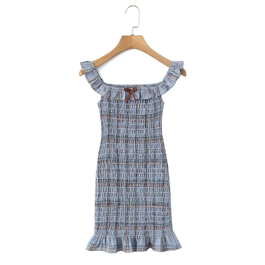 

2025 Summer New Woodland Edge Off-the-shoulder Pleated Plaid Slim-fit Women's Dress Short Skirt Wholesale