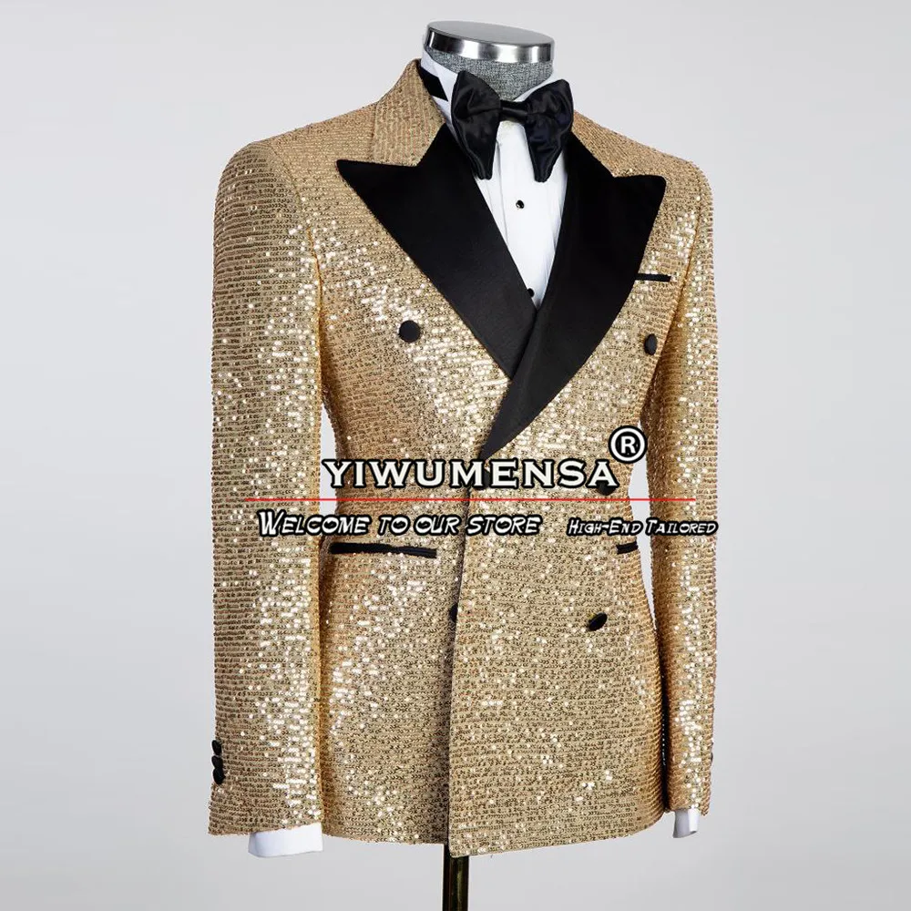 Sparkly Sequins Wedding Suits For Men Double Breasted Blazer Black Pants 2 Pieces Sets Formal Groom Wedding Tuxedo Customize