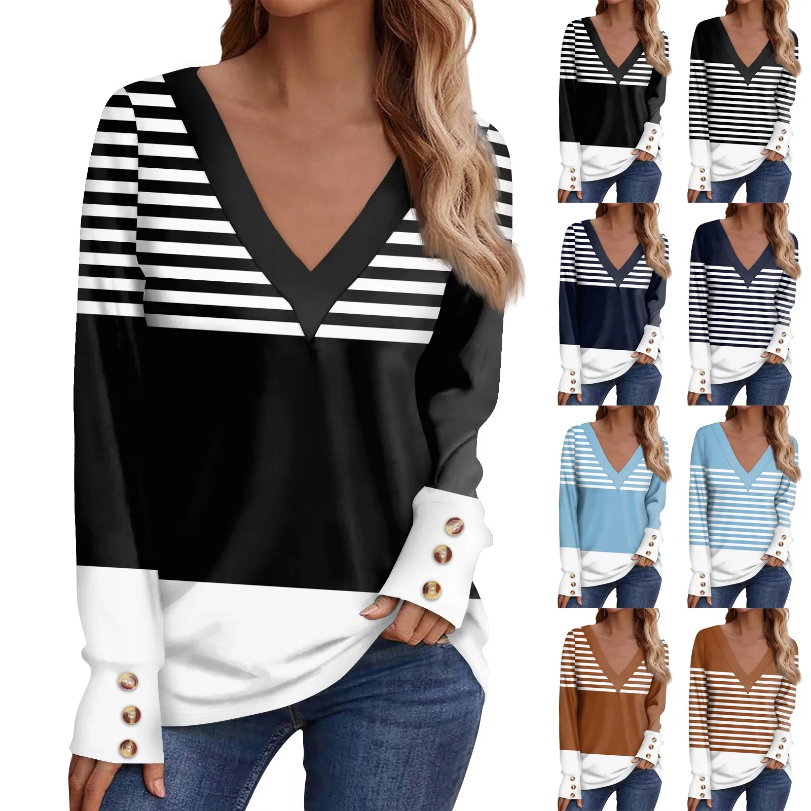 Ladies' Casual Long Sleeved V-neck Printed Decorative Button T-shirt Top Tops for Women Womens Tops and Blouses 2024 Dressy Tops