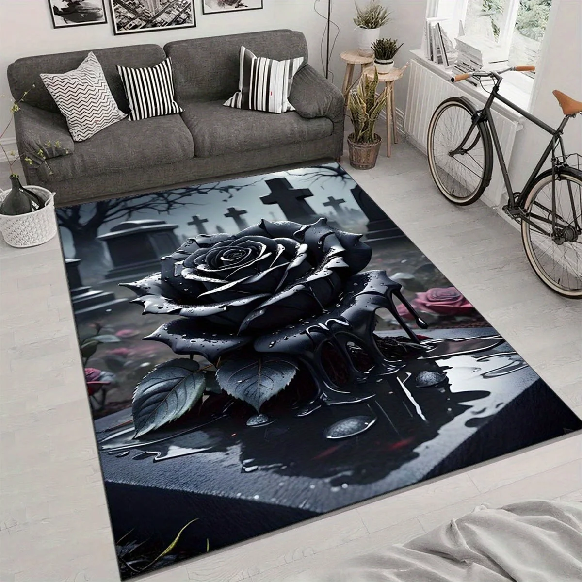1pc Gothic Cemetery Rose Area Rug, Non-Slip, Black Roses & Tomb Illustrations Pattern, Perfect Decor for Living Room