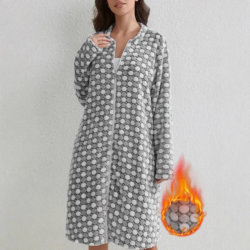 

Женская повседневная фланелевая ночная рубашка с длинными рукавами, утепленная пижама на молнии для осенне-зимнего халата с карманами