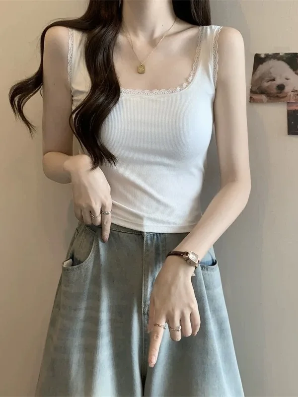 

Укороченный топ из чистого хлопка, женский жилет с кружевной отделкой на бретелях, весна-лето, новинка, облегающая верхняя одежда, внутренняя подходящая основа irt