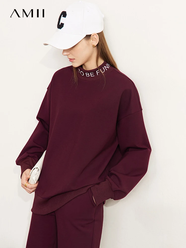 AMII Minimalism Women Sweatshirt Warm Winter Velvet Letter Embroidery Turtleneck Tops Pocket Pencil Pants Separately 12241086