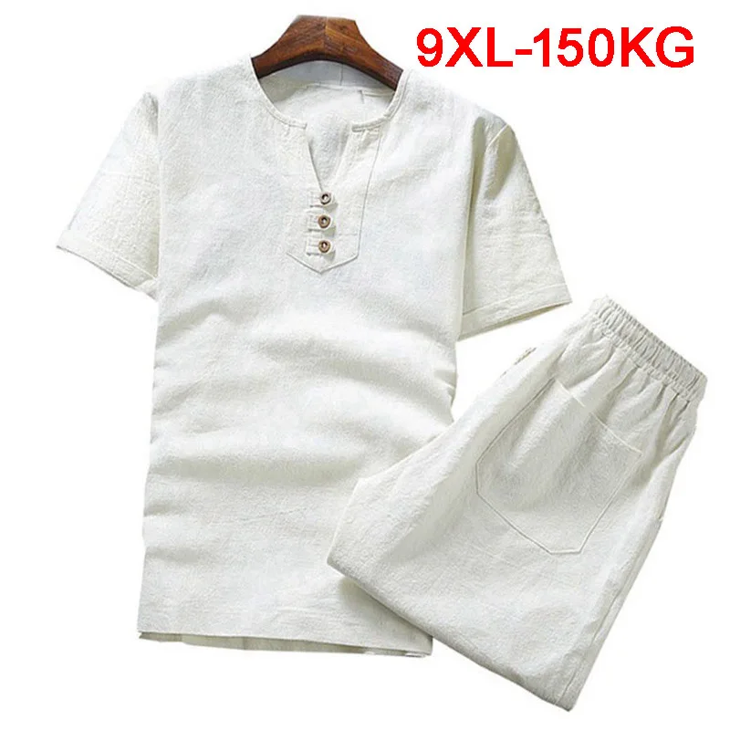 plus size big 8XL 9XL summer men linen short sleeve t-shirts and shorts cotton 8XL japan style V-neck tees 52 54 62 64 66 68 70