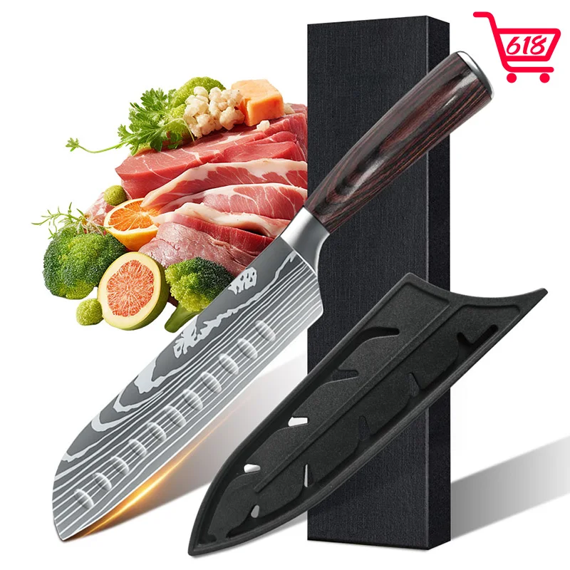 MDHAND-cuchillo Santoku de 7 pulgadas, cuchillos de cocina de acero inoxidable Damasco láser, cuchillo de Chef profesional, cuchillo rebanador Full Tang