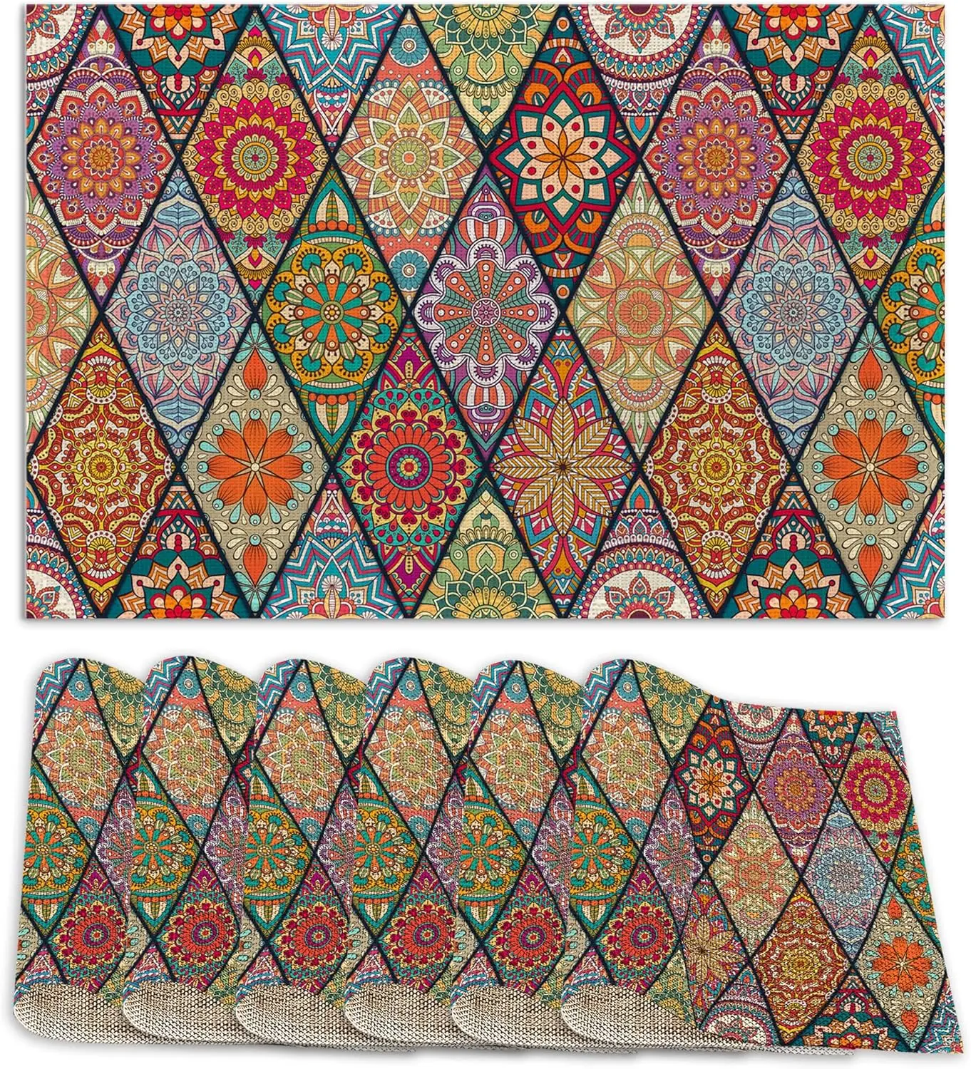 مجموعة من 6 مفارش بوهيمية ملونة قابلة للغسل وغير قابلة للانزلاق ومقاومة للحرارة وسميكة من الكتان المزخرف لطاولة الطعام والمنزل