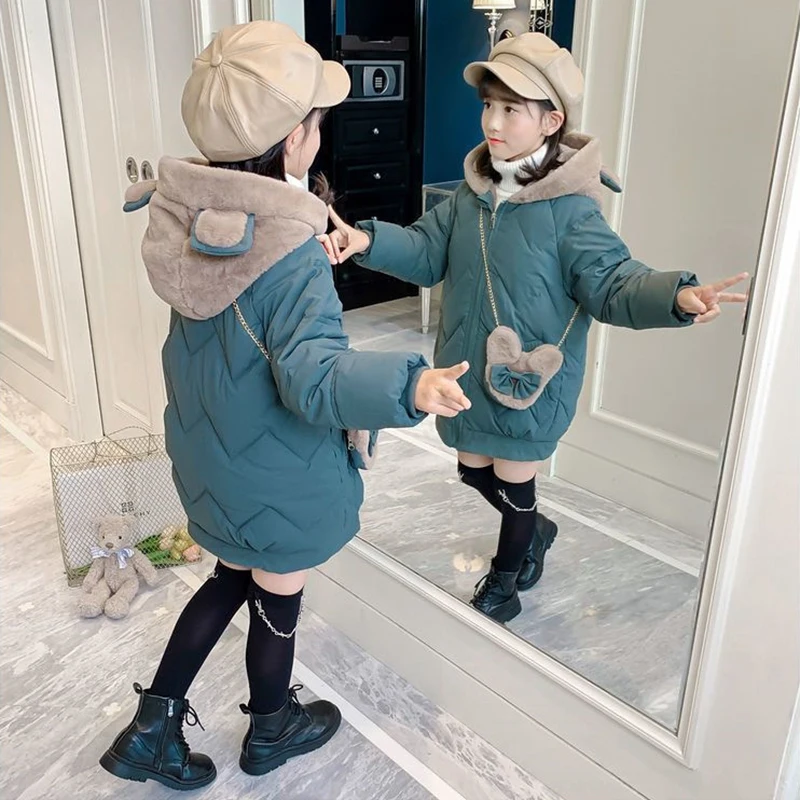 6 8 10 12 14 Years Big Girls Coat Plus Velvet Warm Winter Jacket For Girl Fashion Hooded Long Parkas Children Outerwear Clothing