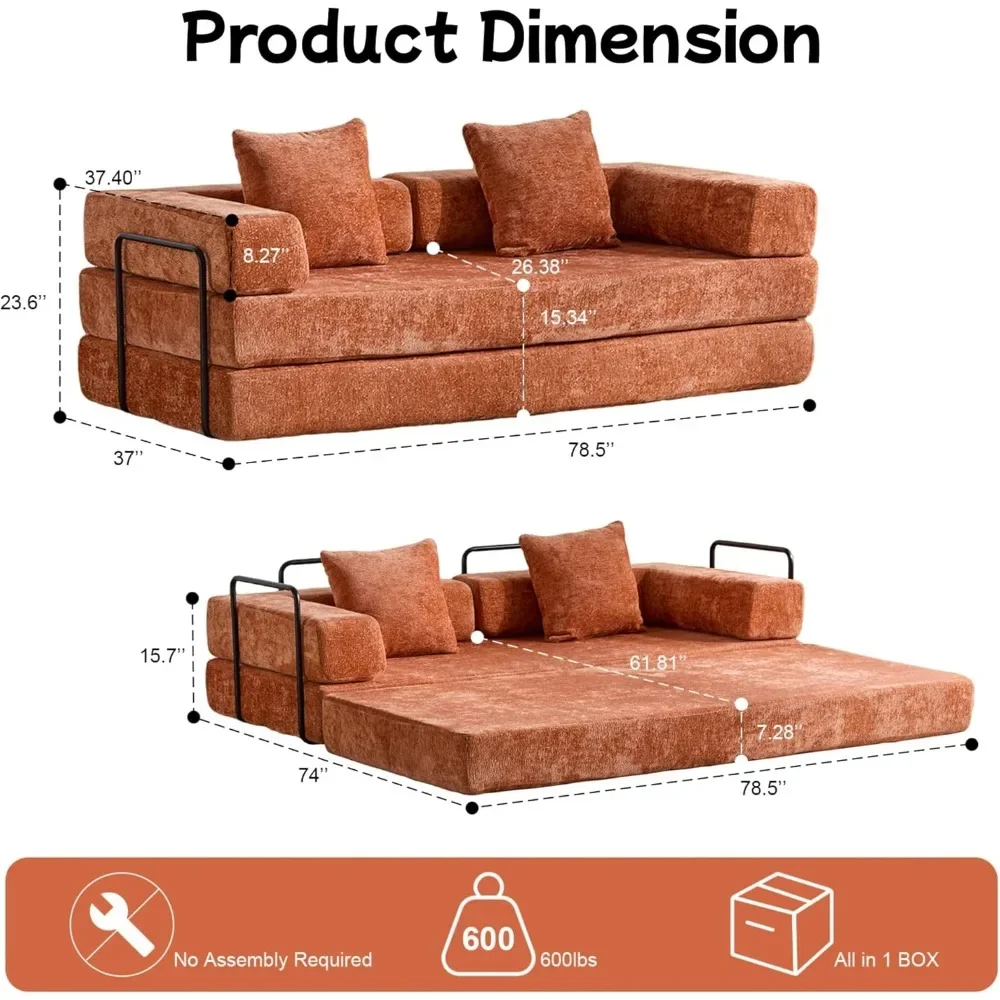 أريكة سرير قابلة للتحويل، مرتبة سحابية قابلة للطي مع وسادة خلفية ومسند للذراع، إطار ثابت الشكل، سرير أريكة من الشنيل النائم