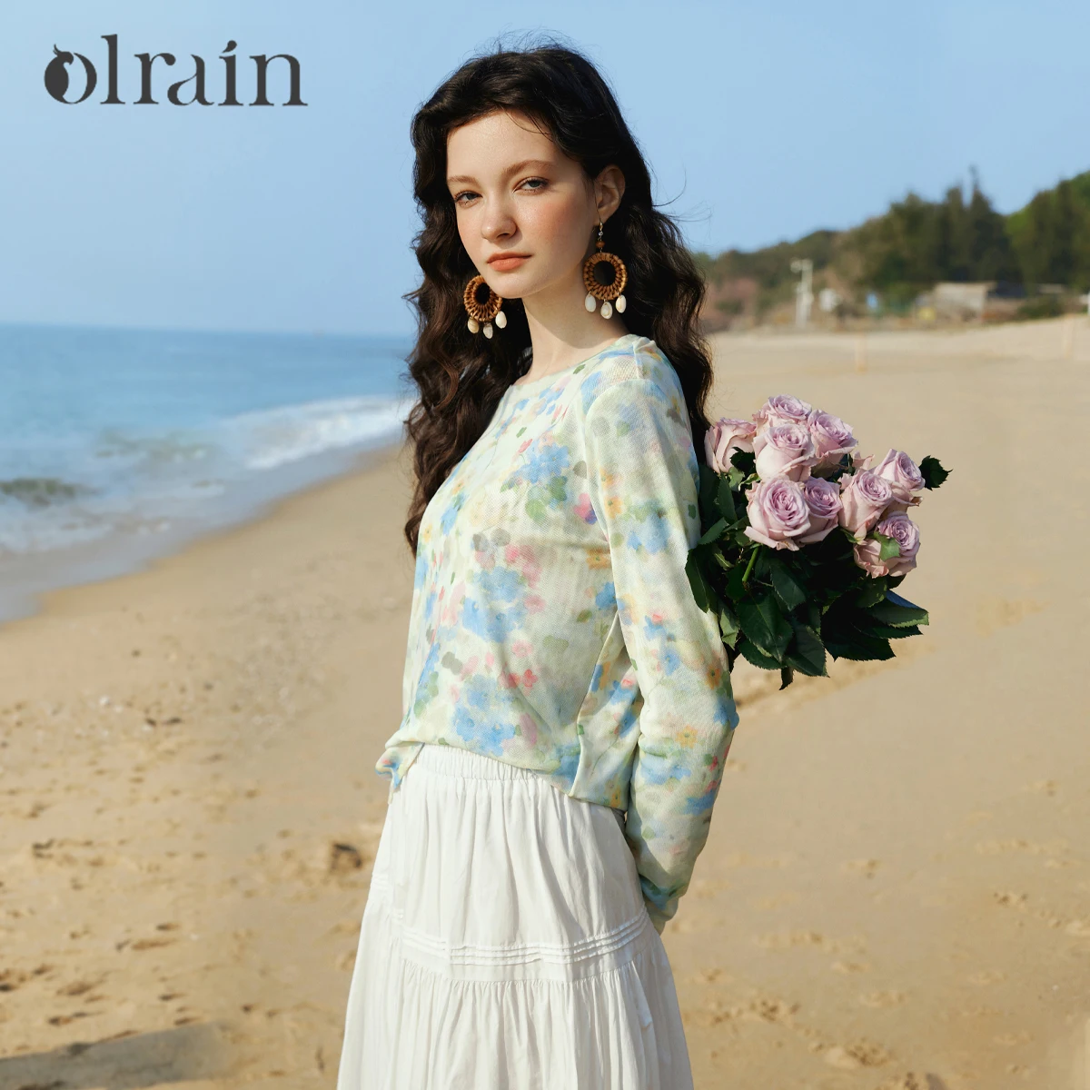 

OLrain Women's Spring Mesh T-shirt Romantic Vacation Set-dye Printing Long Sleeve Top 2026 Woman Fashion Clothes O58CT003596