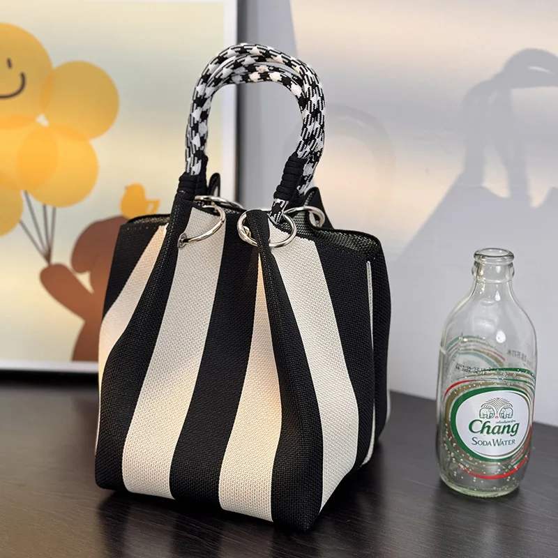 

Colorful Stripe Handbag Large Capacity Bucket Rope Knot Spring Autumn Travel Versatile Soft Polyester Lining Mobile Phone Bag