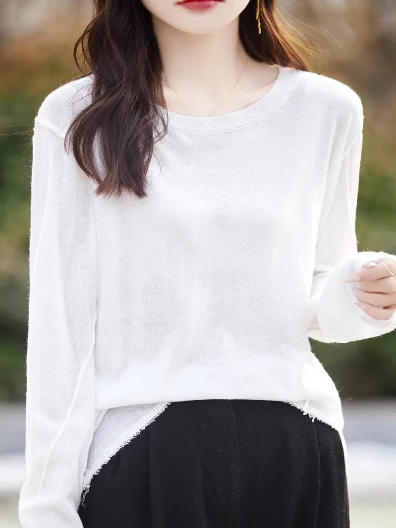 

Slimming Effect Pure Color round Ne Precision Spun Spring Sun Protection Knitted Thin Top Loose Versatile Base irt for Women