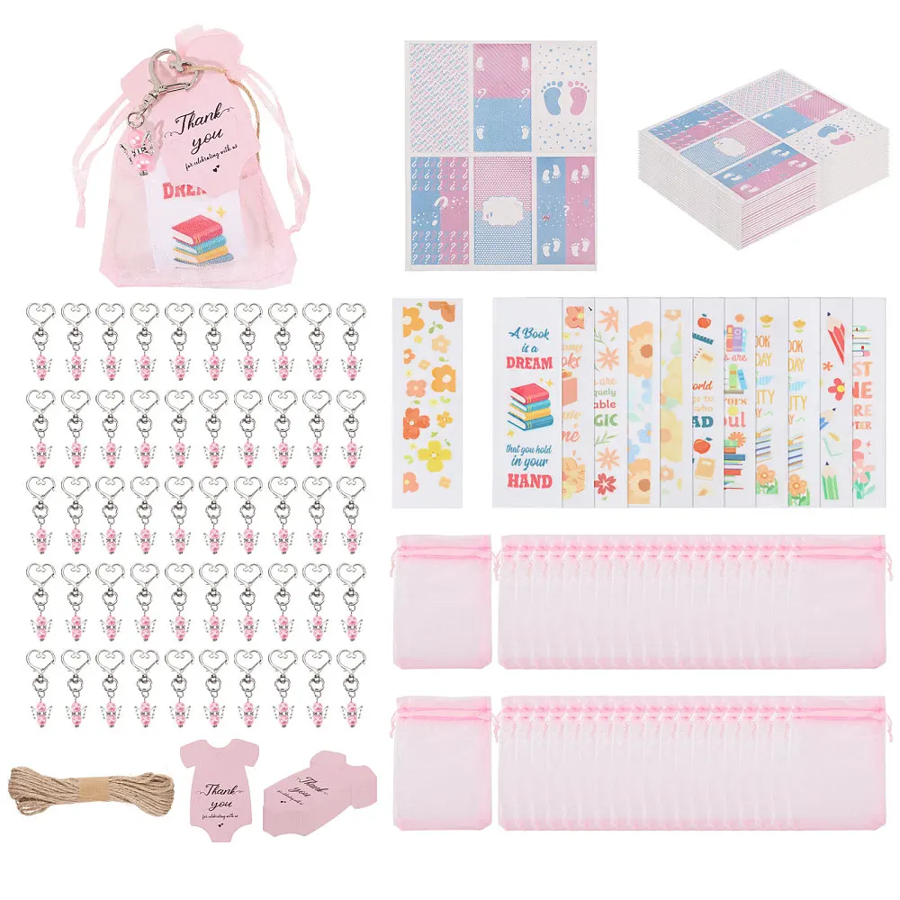 50 Sets Party Favors Angel Keychains Fairy Pearl Key Chains with Label Sticker Organza Bags Paper Card Jute Cord for Party