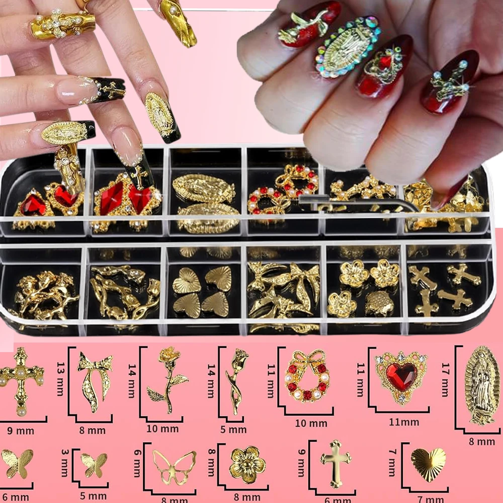 12Grid Metalllegierung Herz Kreuz Rose Nagelzubehör 3D Gold Rot Schleife Blumenkranz Nail Art Charms Y2k Luxus Nageldekoration