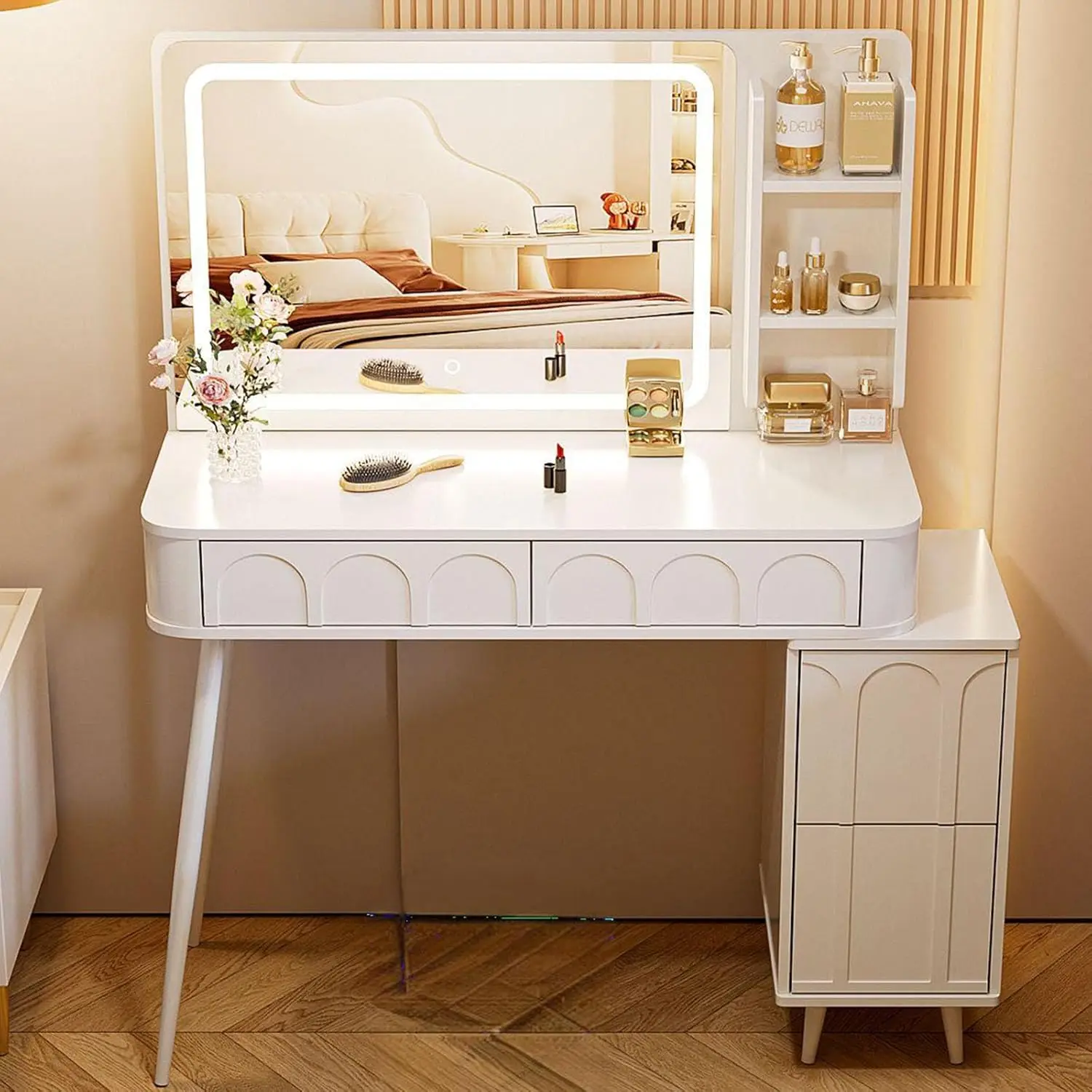 Vanity Desk with Lights and Mirror, Big Modern Make Up Vanity Table with lighted mirror and 4 drawers