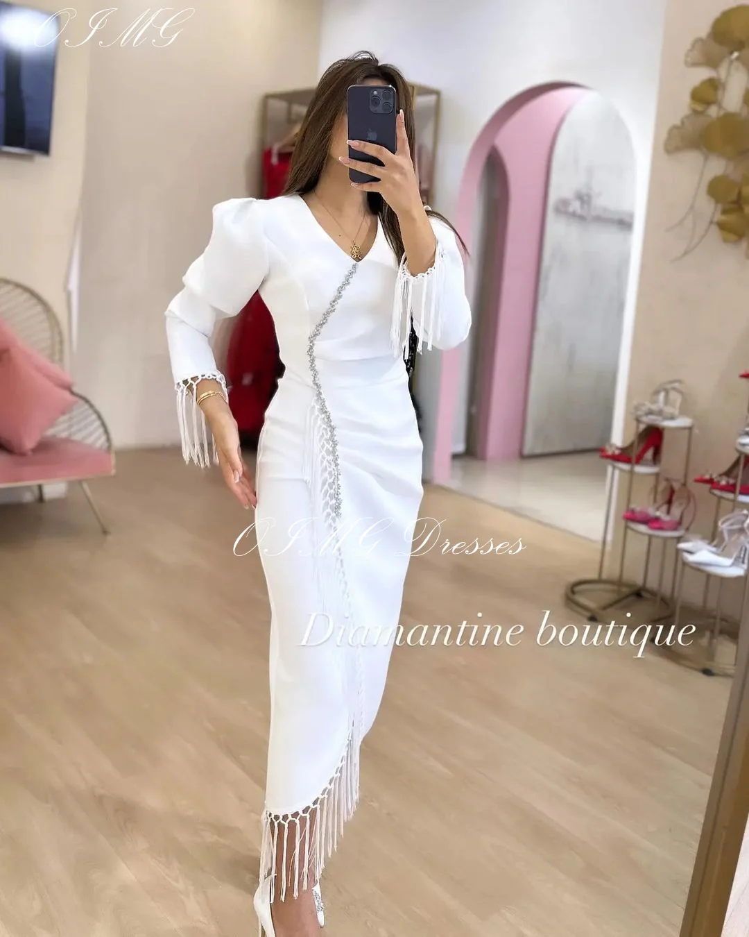 OIMG Saudi Customized Tassels Ivory Prom Dresses Long Sleeves Satin White Mermaid Vintage Simple Gowns Formal Party Dress