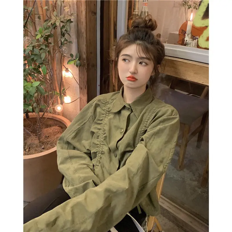 Loose Casual Short Drawstring Blouse Spring Autumn Polo Neck Long Sleeve Solid Trend Shirt Tops Vintage Fashion Women Clothing