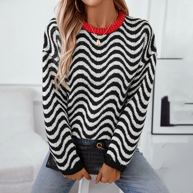 

Women's Wave Striped O-neck Pullovers 2025 Autumn Winter Fashion Long Sleeve Sweater Loose Casual Knitwear Knit Jumpers