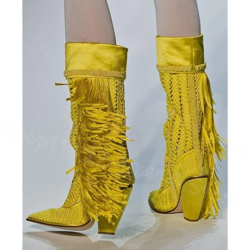 

Yellow Knitted Tassels Design Pointed Toe Boots Slip On Women Shoes Chunky High Heels New Party Runway 2025 Zapatos Para Mujere