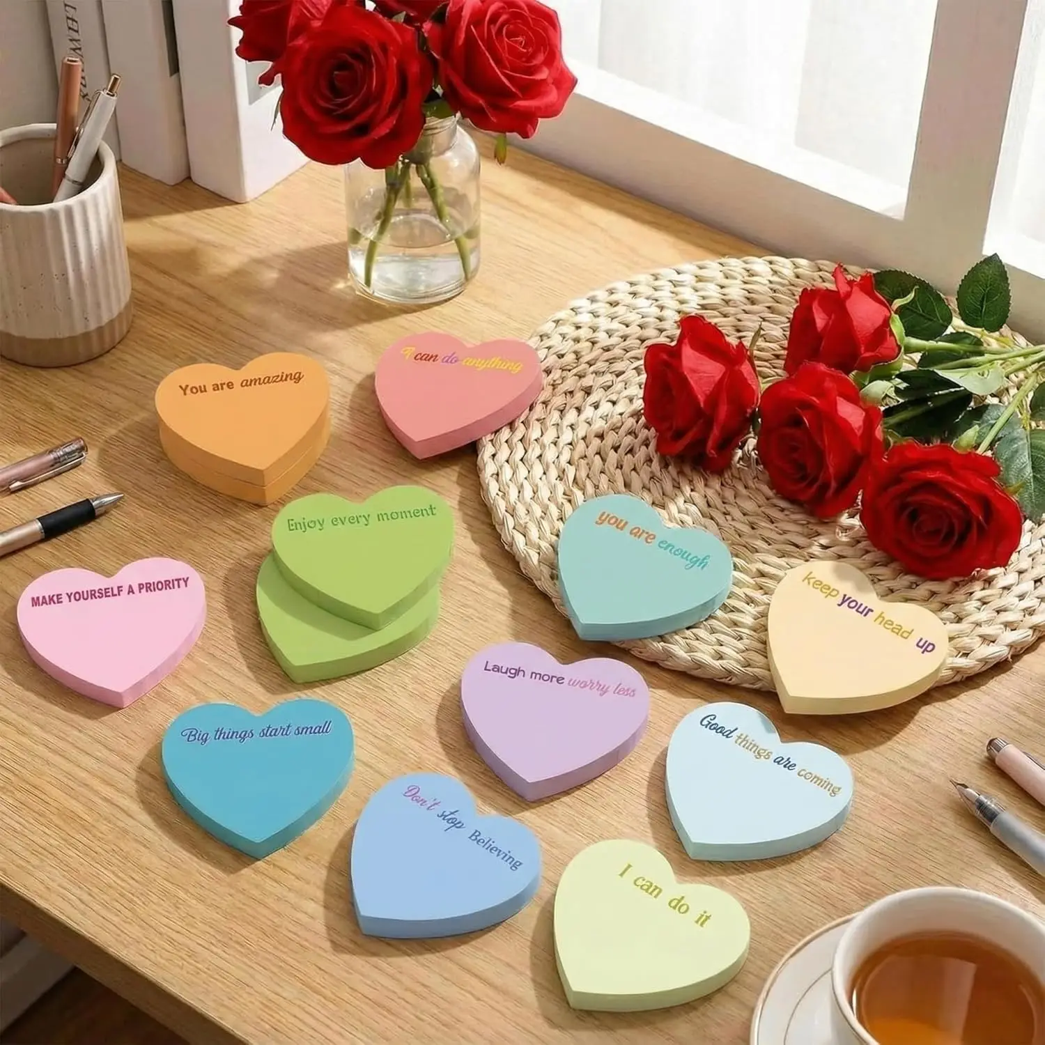 

24 Pack Valentine's Day Sticky Notes Heart Shape Sticky Notes 3 x 3 Inch Inspirational Notepads Bulk Cute Memo Pads