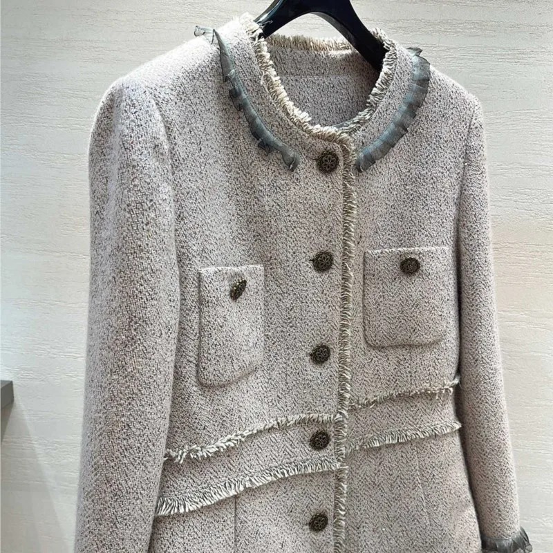 Women's Tweed Jacket Pink Oatmeal Blazer Elegant Round Neck Organza Ruffle Fringe Edge Lady Short Coat Vintage Luxury Outerwear