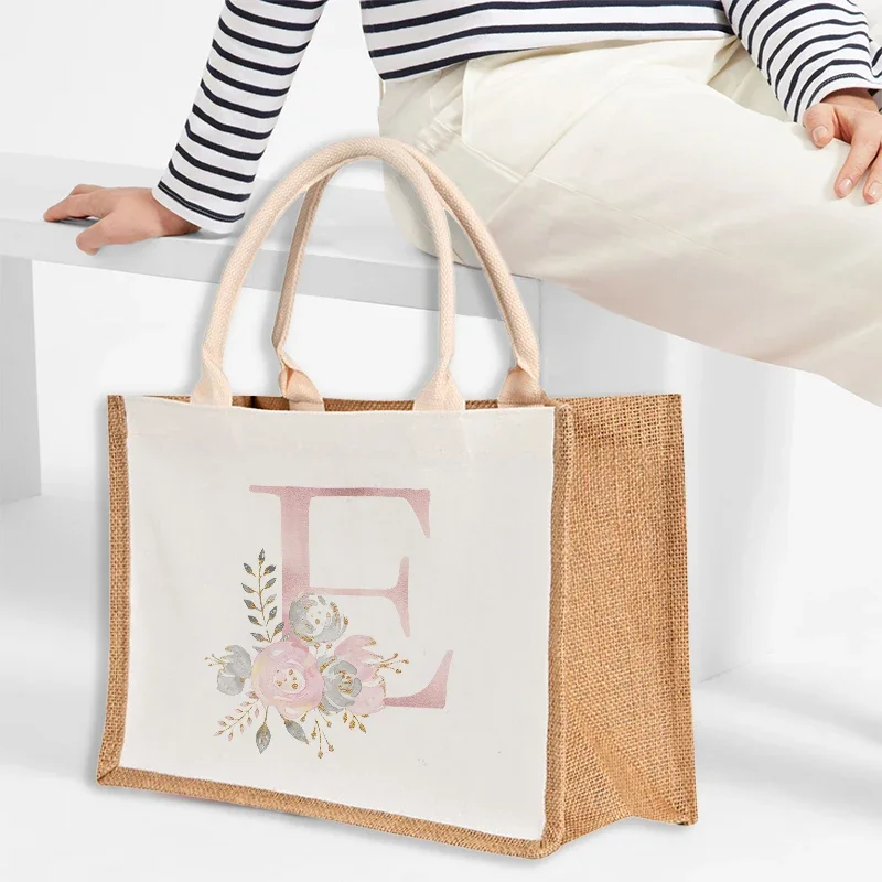 

Women Linen Luxury Tote Letter Print Large Reuseable Burlap with Sturdy Handle Capacity Casual Shoulder Bag Beach Shopping Bag