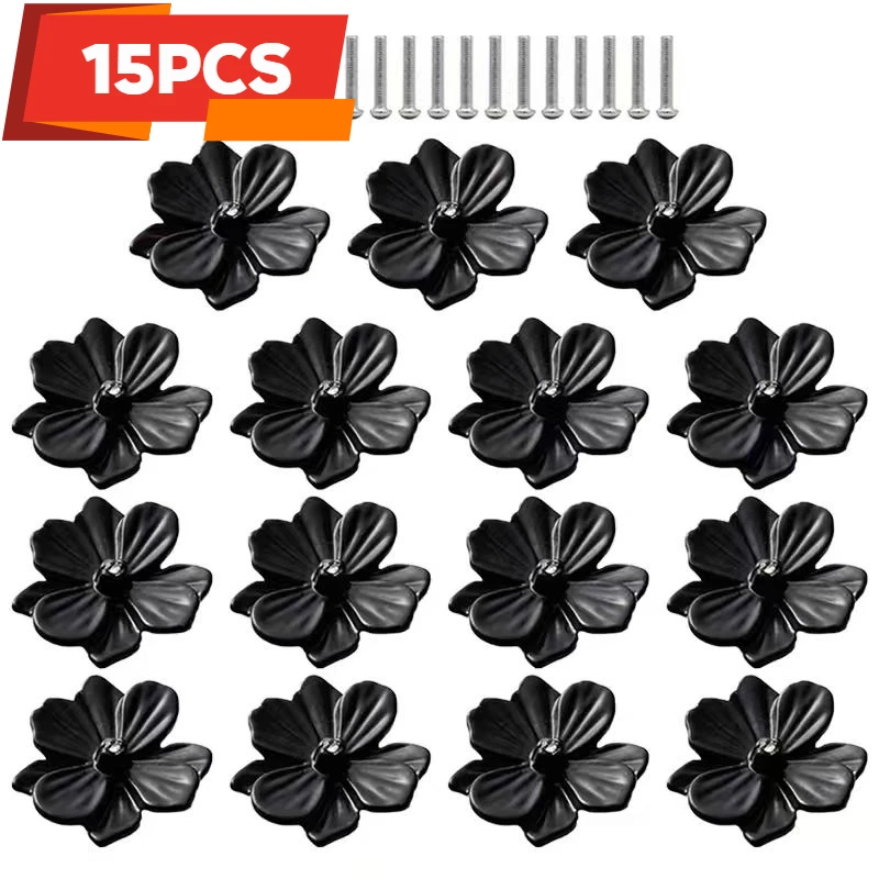15pcs Black Flower Shape Drawer Handle, Alloy Decorative Kitchen Drawer Cabinet Handle For Furniture Knob, Hardware Pull Handle