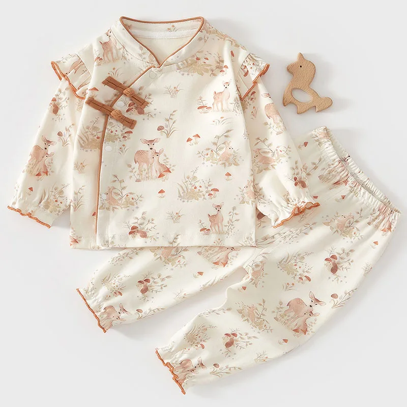 

2Piece Sets Autumn Infant Girl Clothes Chinese Style Cartoon Cute Print Cotton Long Sleeve Tops+Pants Baby Newborn Items B055
