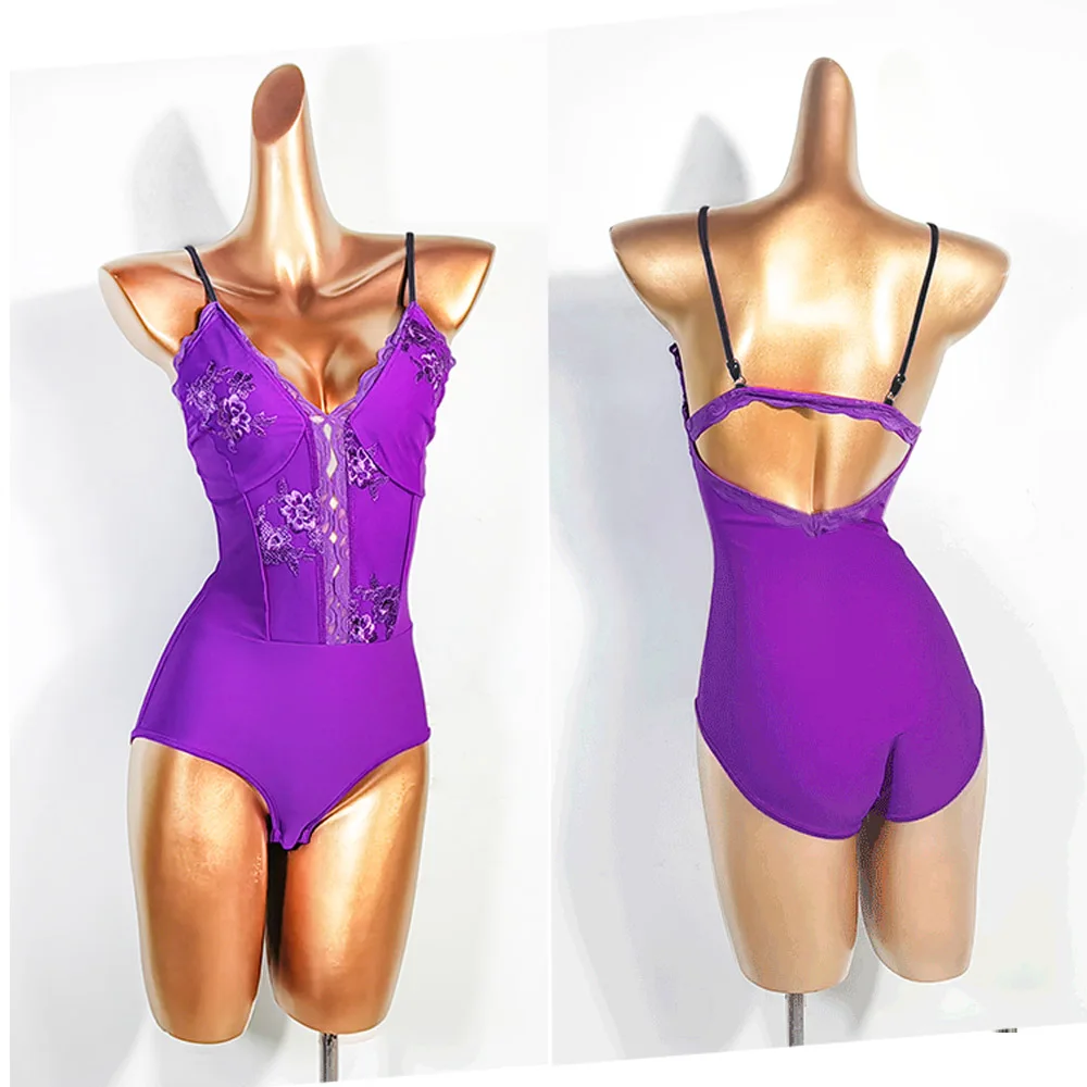 New Latin Dance Competition Dress Woman Cha Cha Samba Daning Practice Wear Purple Jumpsuit Black Skirt Female Dance Suit