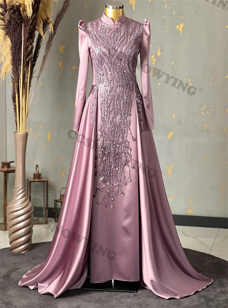 

Luxury Appliques Beaded Muslim Evening Dresses Long Sleeve Islamic Formal Party Gowns High Neck Women Arabic Robes De Soirée