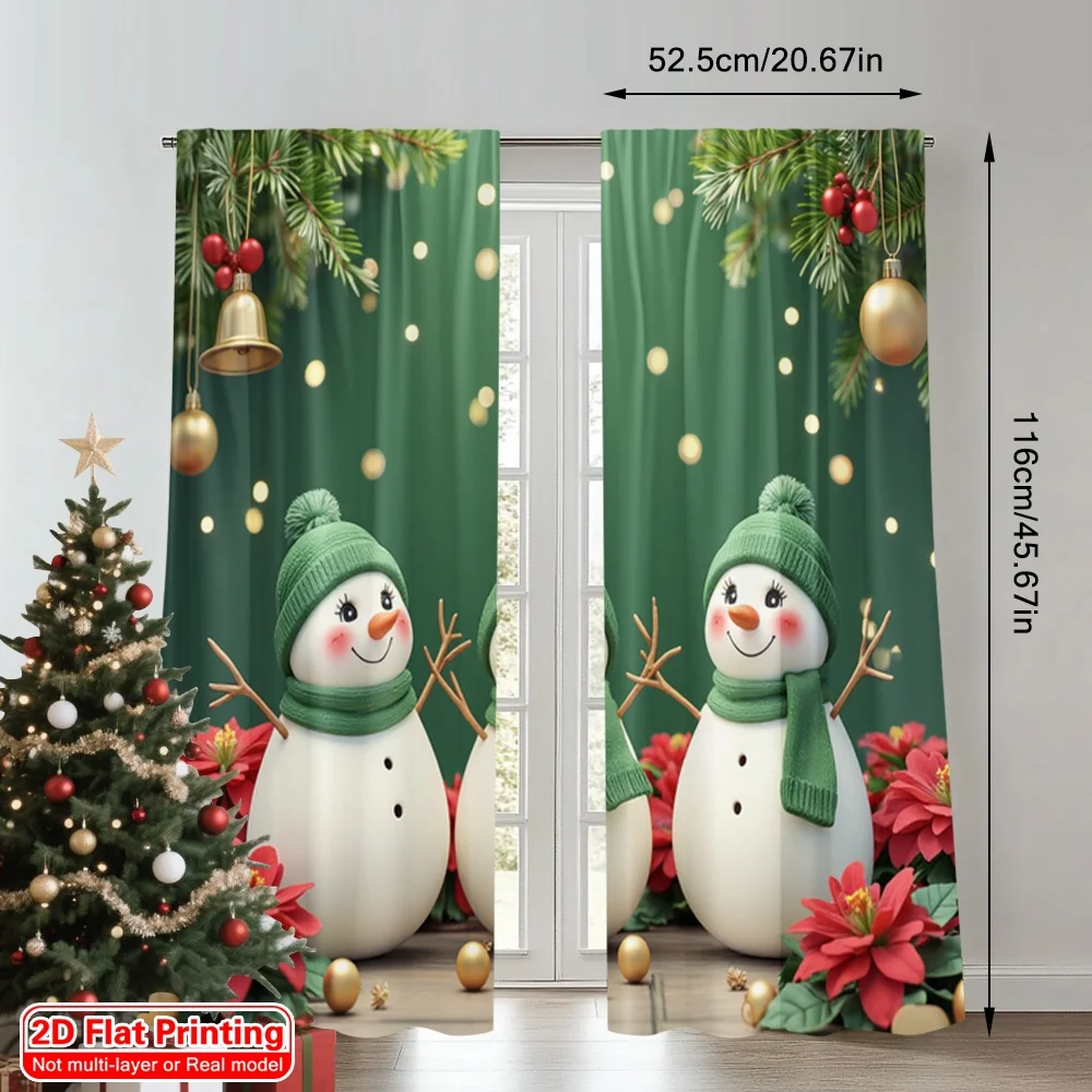 2pcs 2D flat printing Merry Christmas Curtain Cute Snowmen Christmas Poinsettia Festive Polyester Without Electricity 0 for