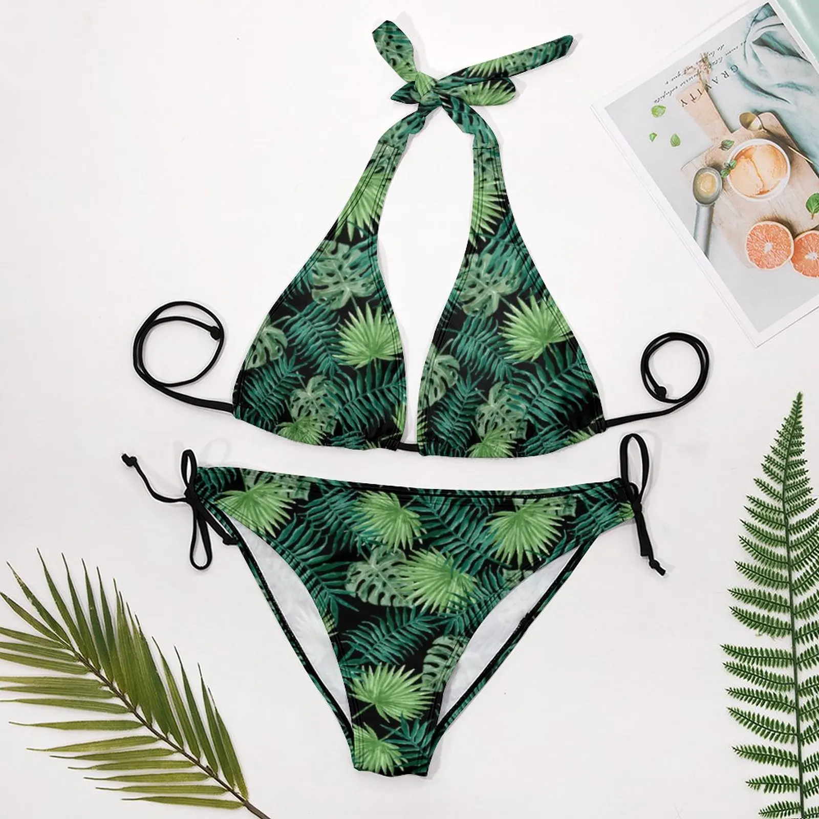 Tropical Palm Leaf Bikini Swimsuit Push Up Green Weed Print Bondeau Bikinis Set Trend Swimwear Women Sexy Surfing Beachwear