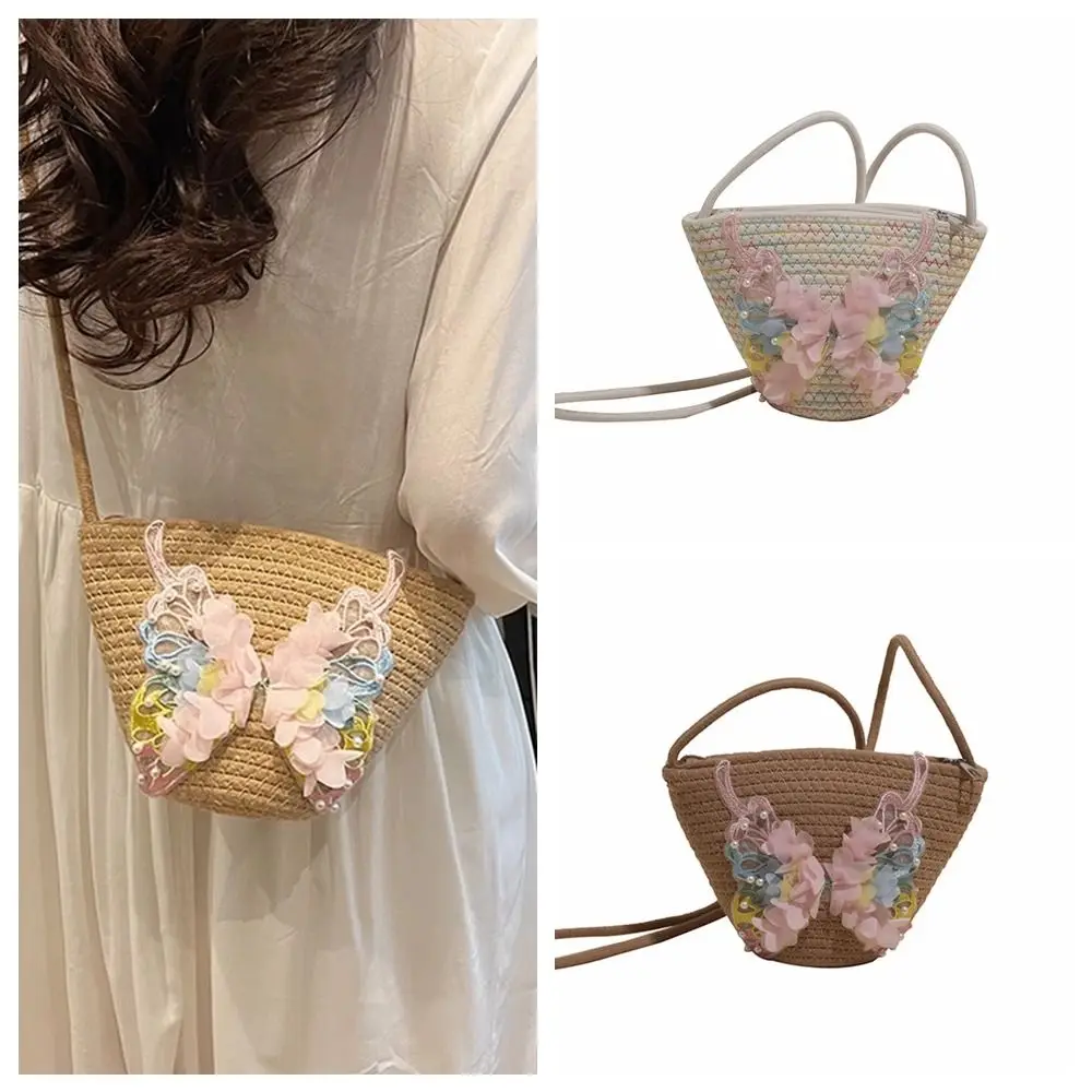 

Casual Lace Weave Straw Bag Beach Handbag Bohemian Style Hollow Bucket Bag Large Capacity Butterfly Beach Bag Girls