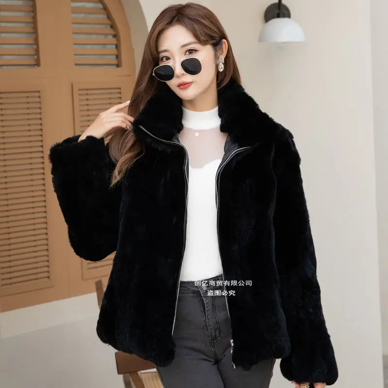 Cappotto da donna in vera pelliccia di coniglio naturale stile corto, colletto alla coreana, maniche lunghe, giacca autunno inverno