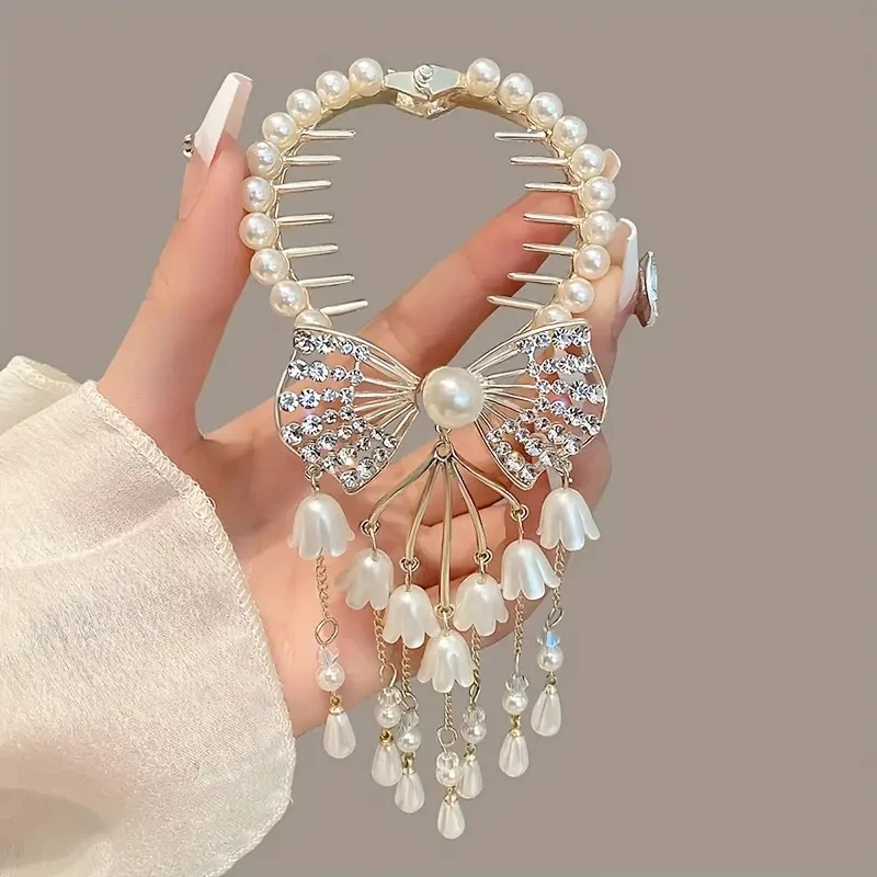 Inlaid Rhinestone Bow Hair Clip Lily Of The Valley Flower Tassel Imitation Pearl Ball Head Hairpin Elegant Exquisite Alloy Hair