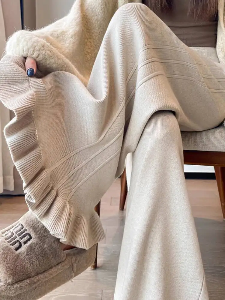 

Women's Thick Cotton Pants 2025 Autumn Winter Warm Knitting Pants Soft Ribbed Ruffle Trim Slouchy Wide Leg Trousers