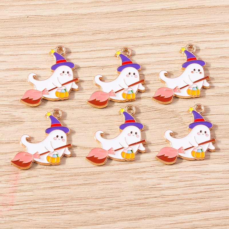 

10pcs 22x21mm Cartoon Enamel Halloween Broom Ghost Charms Pendant for Earrings Necklace DIY Bracelets Jewelry Making Accessories