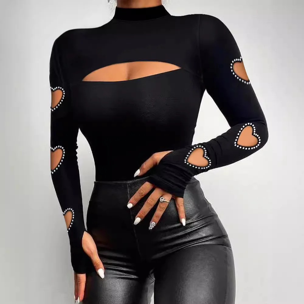 Women's Chic Rhinestones Decor Heart Shaped Cut Out High Neck Tee Elegant Crystal Design Long Sleeve T-shirt for Lady Black Top