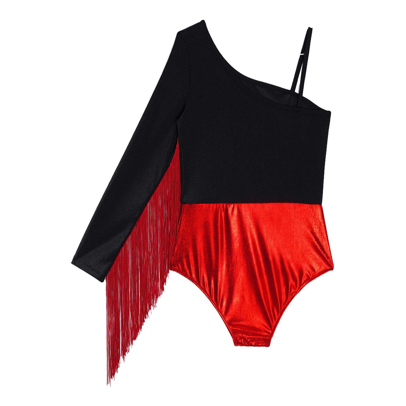 Kids Girls Gymnastics Leotard Latin Line Samba Tango Cha-Cha Dance Performance Costume Fringed Shiny Rhinestones Bodysuit Tops