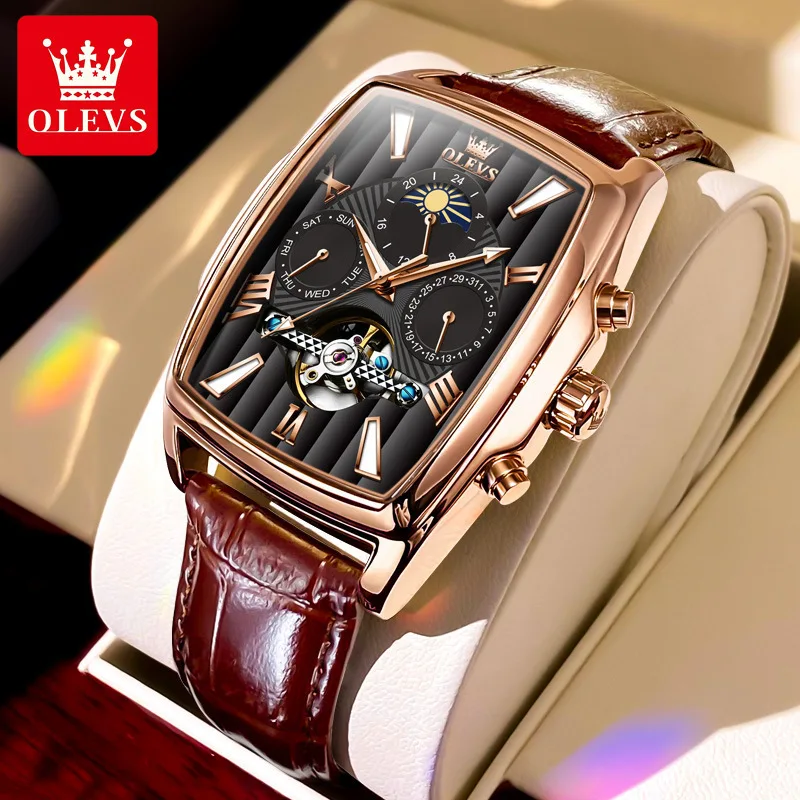 OLEVS Automatic Mechanical Watch for Men Rectangular Open Heart Dial Leather Strap Day Date Luminous Hands Water Resistant