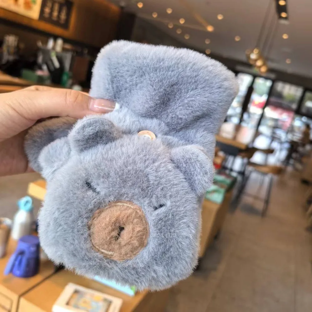 

Cute Faux Rabbit Hair Capybara Plush Mittens Windproof Ear Cartoon Anti-cold Mittens Soft Warmer Half Finger Gloves Students