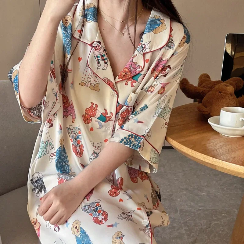 New Sleepwear Shirts, Nightdresses Spring and Summer Thin Puppies Printed Women\'s Fashion Large Size Loose Loungewear Nightwear