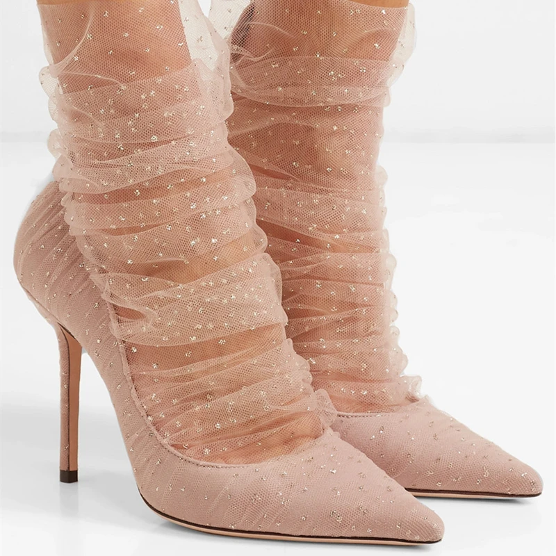 Sexy Ruffled Mesh Lace Covered Translucent Ankle Boots Pointed Toe Woman Dim Lace Summer Boots Thin High Heels Pumps