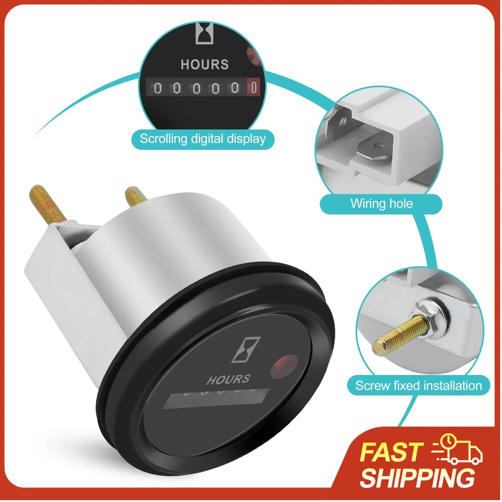 12-36V DC AC 6-Digit Quartz Hour Meter Gauge for Boat Car Truck Engine Runtime Tracking Waterproof Industrial Timer