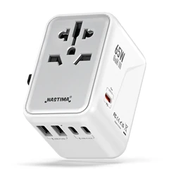 NASTIMA 65W Universal Travel Adapter GaN III Travel Plug Adapter with UK EU,AU,US Plug 3USB-C PD 2USB-A QC International Charger