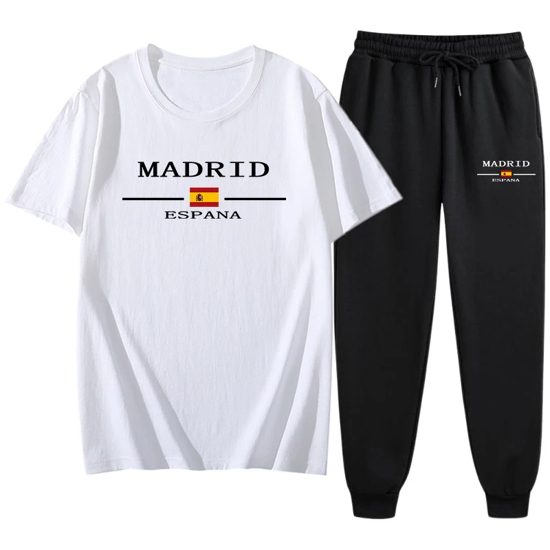 Hot Sale Madrid Spain Pattern T-shirts 2pcs Set High Quality Pure Cotton Tops and Jogger Pants Mens Casual Sports Football Suits