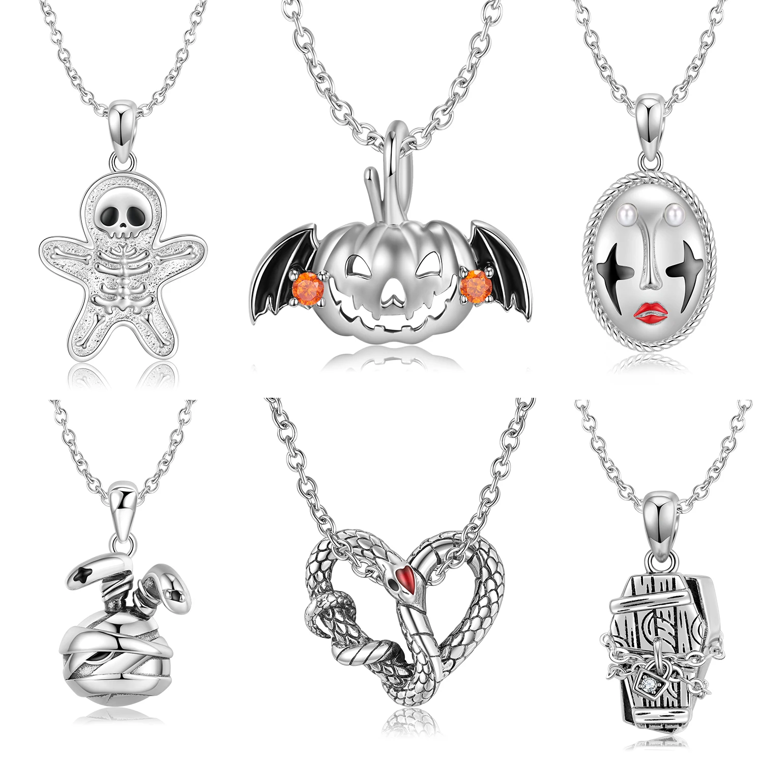 

925 Sterling Silver Clown Mask Heart Snake Skeleton Man Halloween Gift Pendant Necklace Jewelry Necklace Chain Accessories