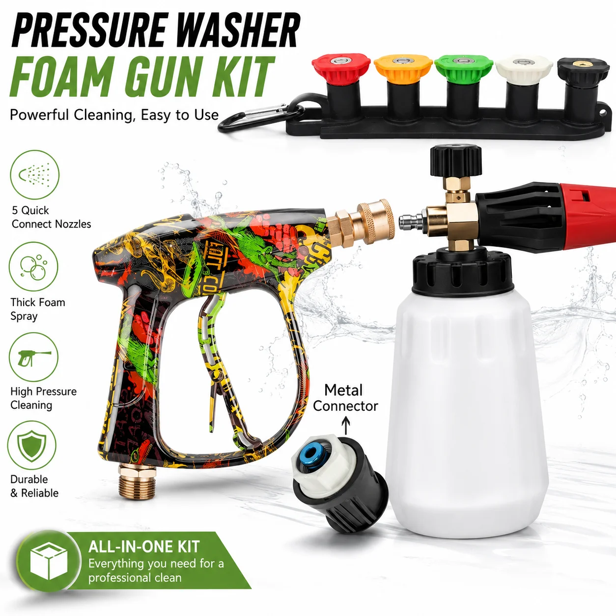 High Pressure Car Wash Gun Kit with Colorful Nozzles, Foam Cannon & Bosch Adapter, Multifunctional Car Cleaning Washing Tools